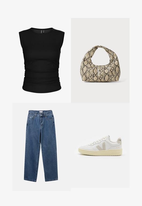 Topo preto sem mangas feito de tecido suave, com um decote redondo e detalhes franzidos nas laterais para uma silhueta ajustada.; Jeans de denim azul clássicos com um design de perna reta, cinco bolsos e fecho de botão. Apresenta um tratamento médio e uma textura resistente.; Sapatilha de couro branca com detalhes em camurça bege, biqueira perfurada, atacadores planos e sola texturizada creme. Apresenta uma marcação subtil no calcanhar.; Bolsa com padrão de pele de cobra e uma alça curva. Feita de materiais texturizados em bege e castanho, apresentando um padrão de diamante distintivo.