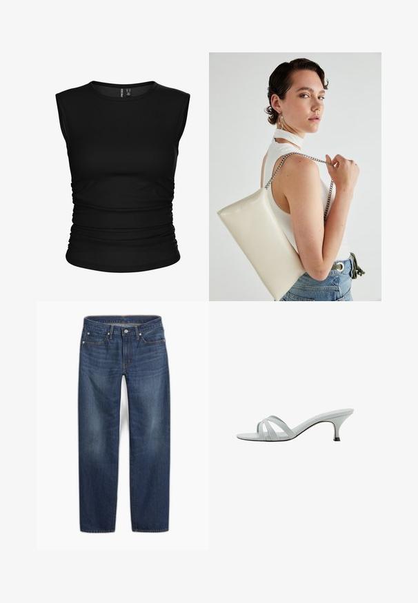 Musta hihaton toppi, joka on valmistettu sileästä kankaasta ja jossa on pyöreä pääntie sekä kerrostettu sivusauma, joka luo tiukan siluetin.; Tummansiniset denim-farkut suoralla lahkeella. Ominaisuuksiin kuuluu nappikiinnitys, viisi taskua ja hillitty kangas-haalistuma.; Vaaleanharmaat korkokengät, joissa on kolme ristikkäistä hihnaa, hoikka profiili ja kapeat korot. Sujuva pinta, jossa on hieman kiiltävä viimeistely.; Valkoinen suorakulmainen clutch-laukku, joka on valmistettu kiiltävästä materiaalista ja jossa on hopeinen ketjuolkahihna. Malli poseeraa laukku käsivarsillaan yksinkertaista taustaa vasten.