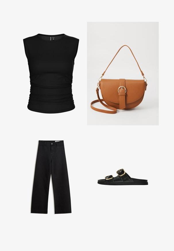 Černý top bez rukávů vyrobený z hladké tkaniny, s kulatým výstřihem a nařasenými detaily na bocích pro přiléhavý siluetu.; Černé denimové kalhoty s volným střihem a vysokým pasem, vybavené předními a zadními kapsami, prošívanými švy a knoflíkovým zapínáním. Hladká textura.; Černé kluzné sandály s dvěma zlatými sponami, hladkým texturovaným materiálem, plochou podrážkou a minimalistickým designem.; Hnědá kožená křížová taška s zakřiveným tvarem, zlatými detaily a akcentem s přezkou. Obsahuje odnímatelný popruh na rameno.