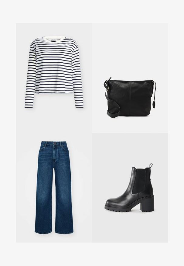 Navy and white striped long-sleeve T-shirt in cotton. Features a crew neck and slightly cropped hem with side slits.; High-waisted, wide-leg jeans in dark blue denim with a smooth texture, contrast stitching, and five-pocket design. Front button closure.; Black leather ankle boot with a chunky heel, elastic side panels, and a pull tab at the back. Textured sole for added grip.; Black leather crossbody bag with a flat shape, gold hardware accents, and an adjustable strap. Smooth texture with minimal stitching details.