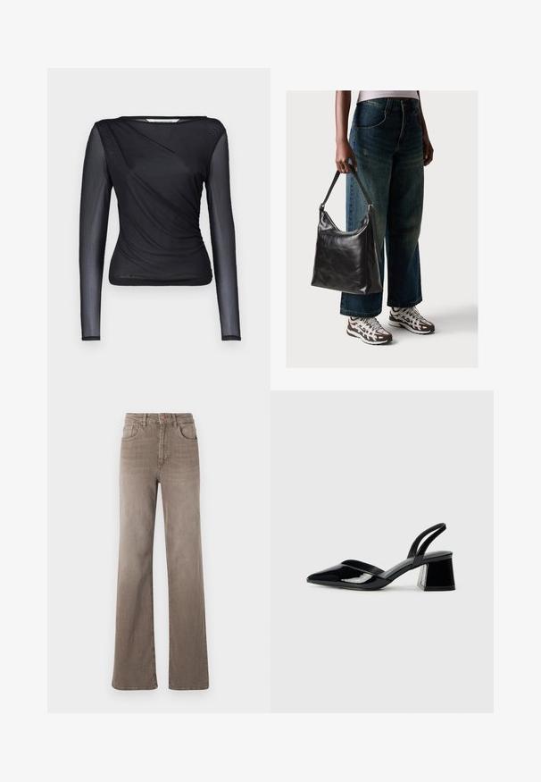 MSCH Copenhagen AMADINE ILLENORA - Topper langermet - black; Brune høy midje rette jeans med frontknapp, beltesløyfer og klassisk fem-lomme design på hvit bakgrunn.; Svarte patentlær slingback hæler med spiss tå og geometrisk blokk hæl. Har et stilrent, minimalistisk design og jevn tekstur.; Sort skinnveske med en glatt tekstur og justerbar stropp, kombinert med falmede vide jeans og atletiske sneakers.
