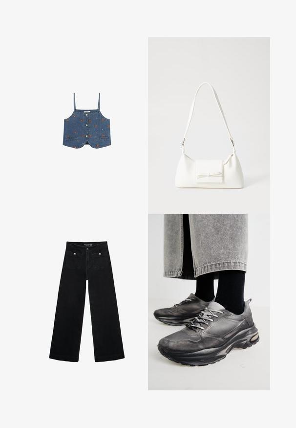 Top corto in denim con spalline sottili, chiusura frontale con bottoni e ricami floreali e geometrici in arancione e avorio.; Jeans neri a gamba larga con vita alta, dotati di due tasche frontali e dettagli in metallo sui bottoni. Il tessuto ha una texture liscia.; Le scarpe da ginnastica nere e grigie presentano una tomaia in rete, suole spesse e lacci. Hanno una punta arrotondata e un dettaglio di ammortizzazione visibile.; Borsa sintetica bianca a forma triangolare, con patta anteriore piatta e dettaglio a fiocco, tracolla regolabile, texture liscia e design minimalista.