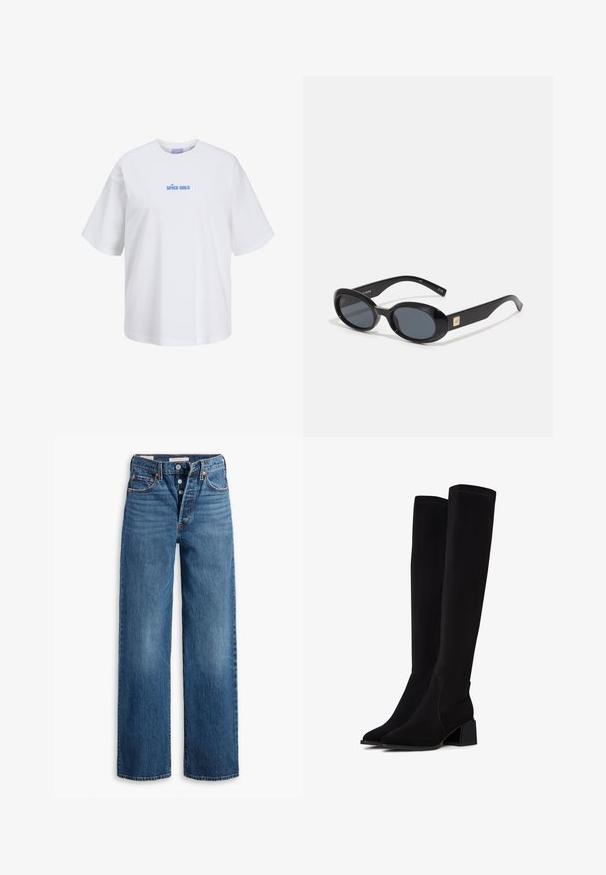 Bílý bavlněný tričko s volným střihem a krátkými rukávy, na přední straně zdobené světle modrým textem "SPICE GALS" v zaobleném písmu.; Modré džíny z denimu s širokými nohavicemi, pěti kapsami, zapínáním na knoflík a kontrastním prošíváním. Texturovaná látka s vybledlým povrchem.; Černé vysoké kozačky vyrobené z měkkého, strukturovaného materiálu. Mají blokový podpatek, špičatou špičku a viditelné švy.; Černé oválné sluneční brýle s tmavými skly, lesklým plastovým rámem, širokými stranami a malým zlatým detailem na jedné straně.; Zign LEATHER - Kabelka - dark red