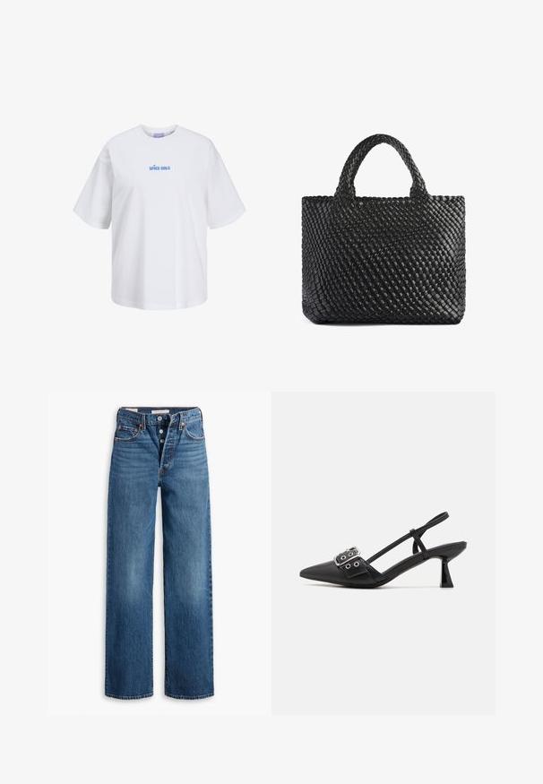 Vit bomullströja med avslappnad passform och korta ärmar, med ljusblå text "SPICE GALS" i en rundad stil på framsidan.; Blå denimjeans med bred bendesign, fem fickor, knappgylf och kontrasterande sömmar. Texturerad tyg med en blekt finish.; Simmi London DALA - Pumps - black; Svart vävd toteväska med två handtag, med en texturerad yta och rektangulär form. Enkel, unik design utan synlig hårdvara.