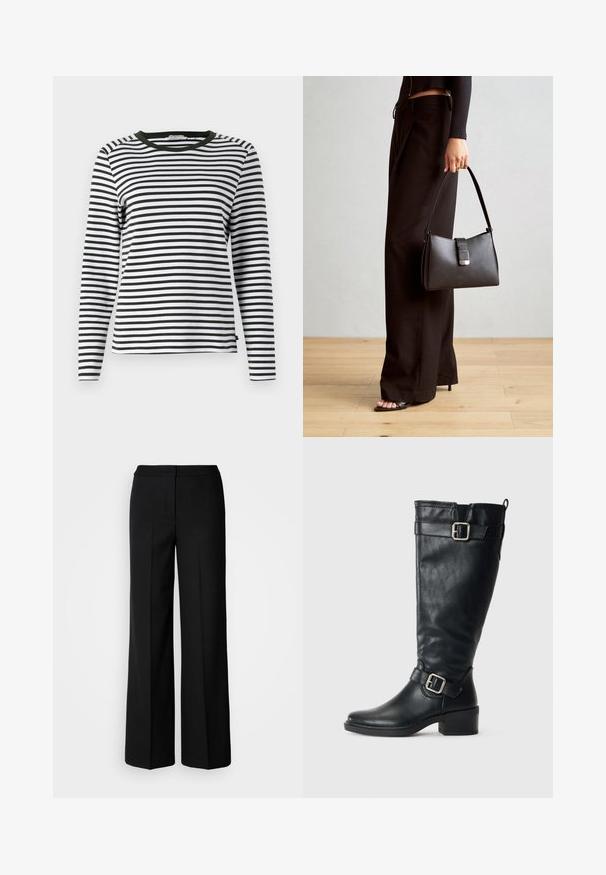 Pikad varrukad särk must-valgedes triipudes, rohelise ümmarguse kaelusega. Pehme kangas, regulaarne lõige ja sirge serv.; Mustad laiad püksid siledast kangast, millel on kõrge vöökoht, kohandatud õmblused ja minimalistlik kujundus. Ei ole nähtavat riistvara ega taskuid.; Pikk must nahast saabas madala kontsaga, kaunistavate pandladega pahkluul ja tipus, ning tagaküljel tõmbeaas.; Must musta kott, millel on struktureeritud kuju, sile tekstuur ja metallist klamber. Kombineeritud laiate mustade pükstega ja avatud varvaste sandaalidega puidust põrandal.