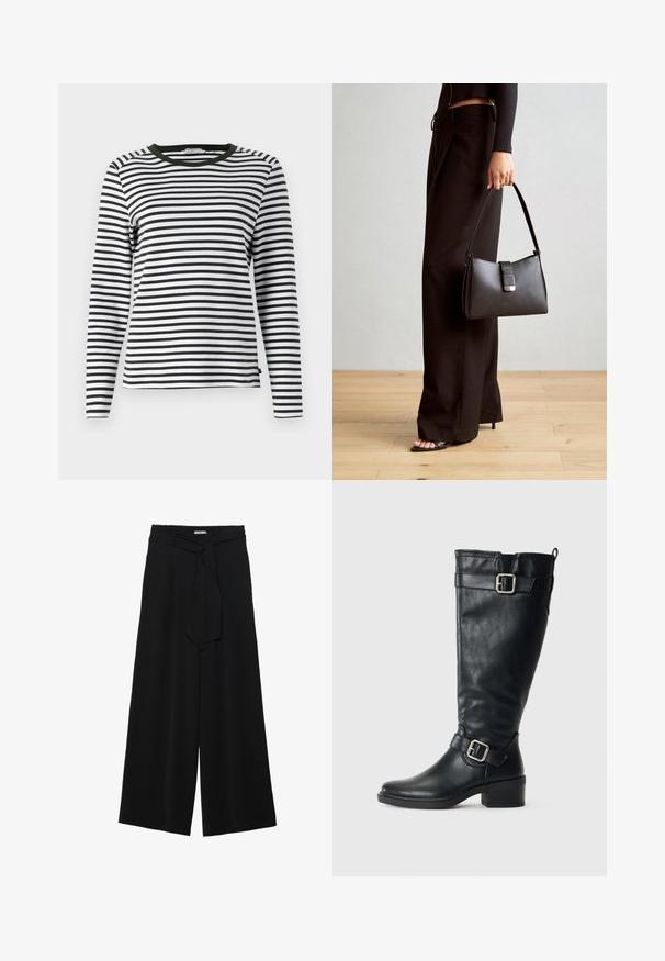 Juodos ir baltos juostelės ilgomis rankovėmis marškiniai, su apvaliu žaliu kaklu. Minkšta medžiaga, standartinio kirpimo ir tiesiu kraštu.; Juoda plačių kojų kelnės, pagamintos iš tekstūruoto audinio, su elastingu juosmeniu ir atsegamu diržu juosmenyje, leidžiančiu reguliuoti dydį.; Aukštas juodas odinis botas su žemu kulnu, dekoratyviais sagtimis netoli kulkšnies ir viršuje, taip pat su užtraukiamu kilpeliu gale.; Juodas rankinė struktūrizuota forma, lygi tekstūra ir metalinis užsegimas. Suporuota su plačiomis juodomis kelnėmis ir atvirais bateliais ant medinių grindų.