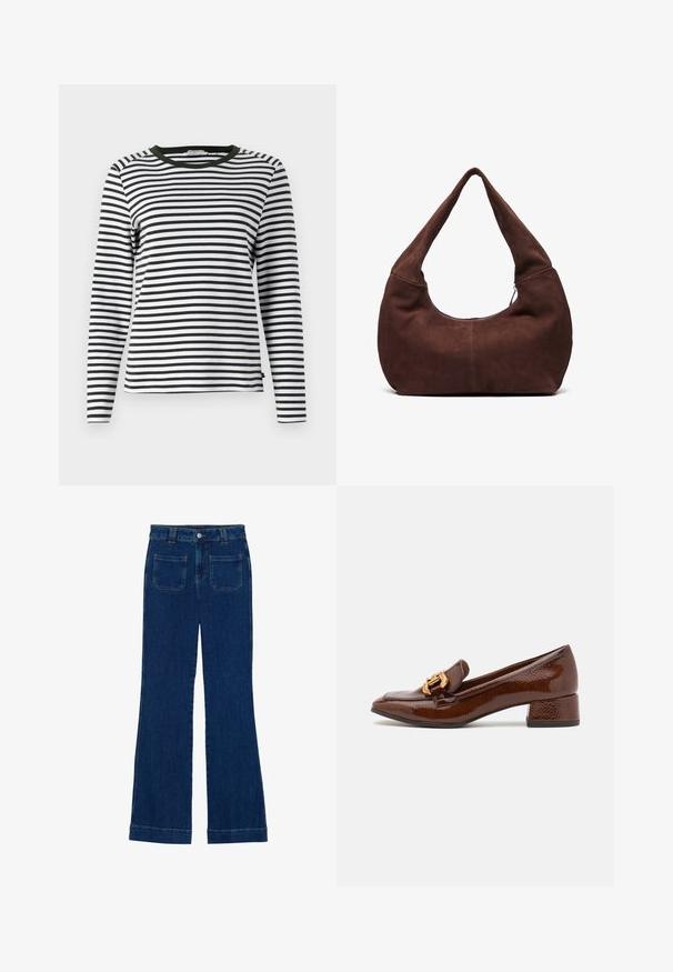 Fekete-fehér csíkos, hosszú ujjú ing, kerek zöld nyakkivágással. Puha anyag, normál szabással és egyenes szegéllyel.; Sötét kék, sima textúrájú, bővülő farmernadrág, öt zsebbel és gombos derékkal.; Barna bőr loaferek fényes felülettel, dekoratív arany csattal az elején és alacsony blokk sarkával. Klasszikus dizájn.; Barna velúr hobo táska ívelt, széles fogantyúval és nagy nyílással. Puha textúra, a szélek mentén látható varrás részletekkel.