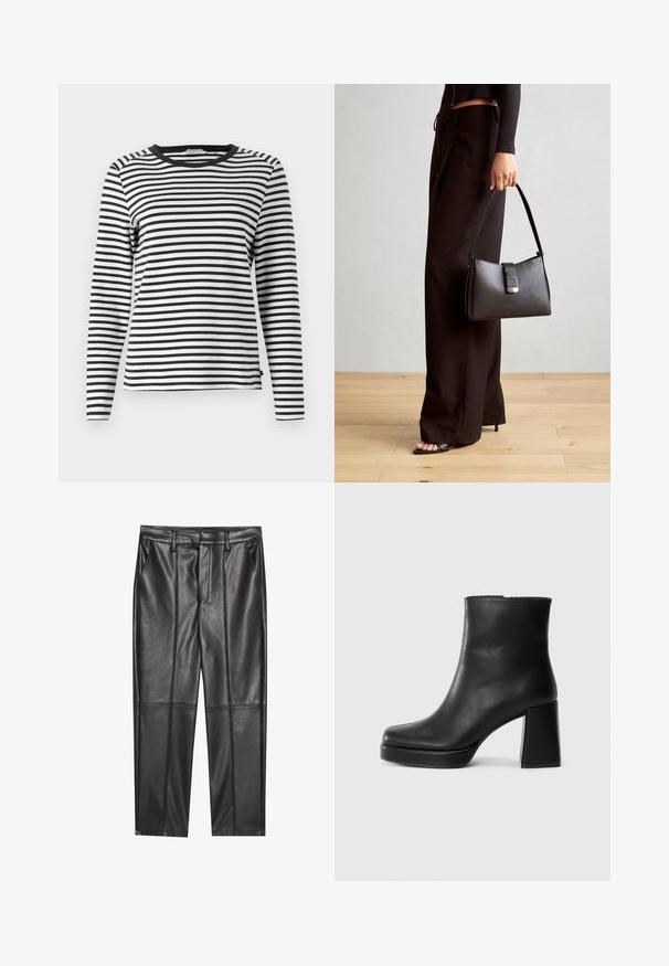 Langarmshirt in Schwarz-Weiß-Streifen mit einem abgerundeten grünen Ausschnitt. Weicher Stoff mit regulärer Passform und geradem Saum.; Schwarze Lederhosen mit glatter Textur, gerader Passform, zwei Fronttaschen und sichtbaren Nahtdetails.; Schwarze Leder-Stiefelette mit Blockabsatz und Plattformsohle, seitlich auf einem schlichten weißen Hintergrund betrachtet.; Schwarze Handtasche mit strukturierter Form, glatter Textur und einem metallischen Verschluss. Kombiniert mit weiten schwarzen Hosen und offenen Sandalen auf einem Holzboden.