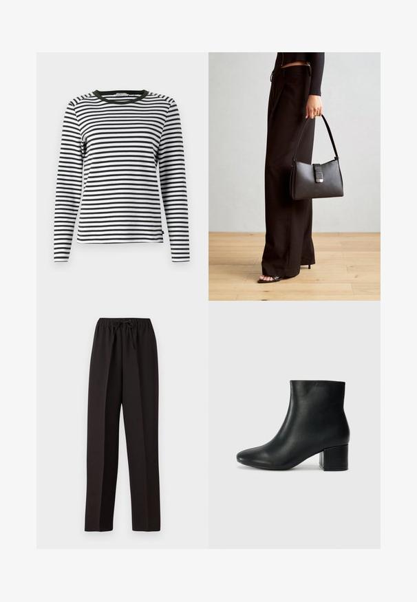 Dlhý rukáv blúzka v čierno-bielych pruhovaných vzoroch s okrúhlym zeleným výstrihom. Mäkká tkanina s bežným strihom a rovnou lemom.; Čierne široké nohavice s elastickým pásom a nastaviteľnou šnúrkou. Vyrobené z hladkej, ľahkej tkaniny bez viditeľných vzorov.; Čierne kožené členkové čižmy s špicatou špičkou a hrubým podpätkom. Hladká textúra s minimálnymi akcentmi a elegantným, priliehavým dizajnom.; Čierna kabelka so štruktúrovaným tvarom, hladkou textúrou a kovovou sponou. V kombinácii so širokými čiernymi nohavicami a sandálmi s otvorenou špičkou na drevenej podlahe.