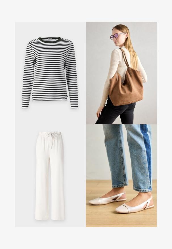 Langærmet skjorte i sort og hvid stribet design med en rund, grøn halsudskæring. Blødt stof med normal pasform og lige søm.; Hvide brede bukser lavet af blødt stof, med snoreliv og glat tekstur. Ingen mønstre eller pynt synlige.; Lyserøde slingback flade sko med spidse tær, lavet af et glat læderlignende materiale. Har udskæringsdetaljer på siderne og en flad hæl.; Brun ruskind tote taske med blød tekstur, stor åbning og lange stropper. Har et enkelt design med synlige syninger og ingen hardware.