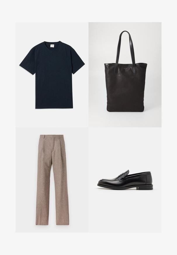 Jednoduché tmavě námořnické modré tričko s krátkým rukávem a kulatým výstřihem, s malým embosovaným logem poblíž spodního lemu.; Hnědé kalhoty s vysokým pasem vyrobené z texturované látky. Mají široké nohavice a dva přední sklady pro strukturu. Úhledné provedení bez viditelné kovových částí.; Černé kožené polobotky s hladkou texturou, zaoblenou špičkou a zdobným páskem přes nárt. Nízký stohovaný podpatek, minimalistický design.; Černá plátěná taška s černými koženými uchy. Jednoduchý design, prostorné tělo a hladký povrch. Žádné viditelné loga ani vzory.