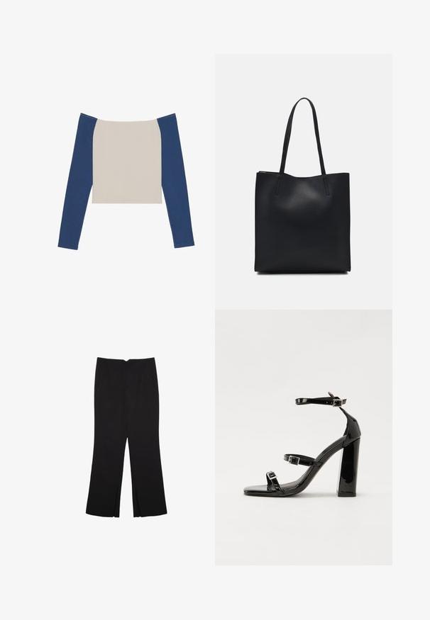 Długi rękaw top z białym korpusem i ciemnoniebieskimi rękawami, z szerokim dekoltem i krótkim krojem. Miękka, gładka tekstura materiału.; Czarne spodnie o prostym kroju, z przednimi kieszeniami i bocznymi rozcięciami na dole. Wykonane z miękkiego, gładkiego materiału. Odpowiednie na różne okazje.; Czarne lakierowane sandały na obcasie z kwadratowym noskiem, z paskami wokół kostki i srebrnymi klamrami. Posiadają masywny słupek dla stabilności.; Czarna skórzana torba tote o gładkiej fakturze, prostokątnym kształcie i dwóch długich uchwytach. Brak widocznych elementów metalowych i ozdób.