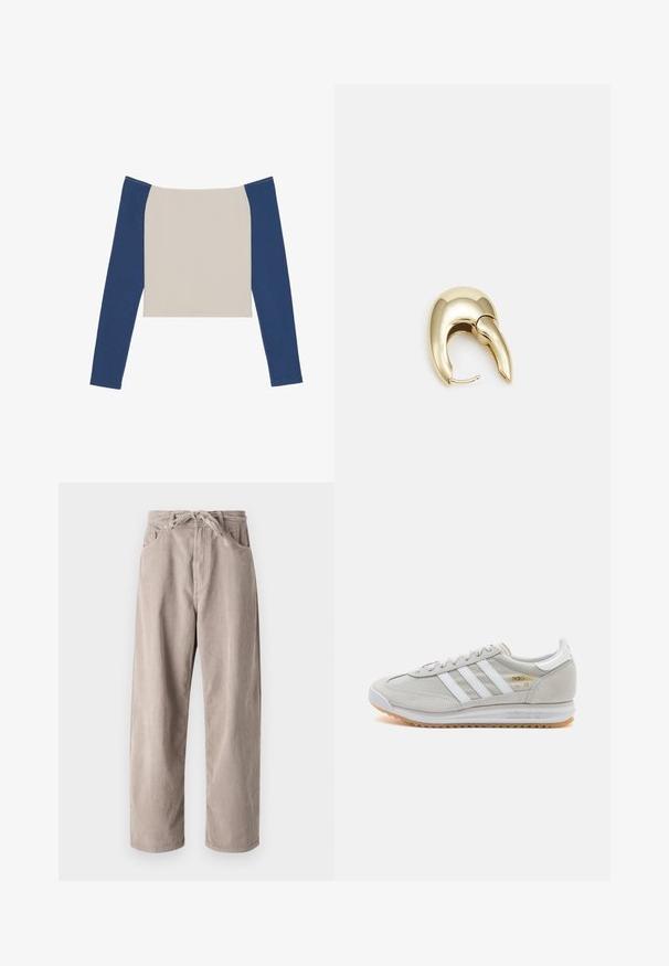 Camiseta de manga larga con cuerpo blanco roto y mangas azul oscuro, que presenta un escote ancho y un diseño corto. Textura de tela suave y lisa.; Pantalones de pana beige de corte holgado, con cinturilla ajustable, dos bolsillos frontales y textura de canalé vertical.; Zapatilla de color gris claro hecha de ante y malla, con tres franjas blancas, punta redonda y suela de goma. Acento en logo dorado cerca de los cordones.; Pendiente de metal en tono dorado con un diseño elegante y curvado. Presenta una forma puntiaguda distintiva, superficie pulida y cierre de bisagra.