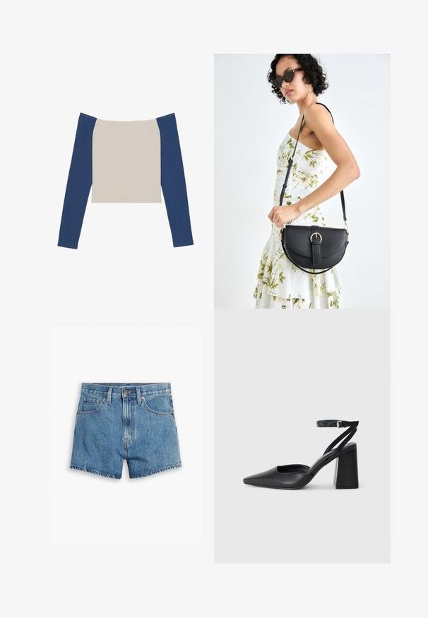 Majica s dolgimi rokavi v off-white barvi z temno modrimi rokavi, širokim izrezom in skrajšanim dizajnom. Mehka, gladka tekstura tkanine.; Jeans kratke hlače v svetlo modri barvi, z povezavami za pet žepov, zadrgo in gumbom. Rob je razfrcan, oblikovane so v sproščenem kroju.; Črne usnjene klasične čevlje z ostrim nosom, z zaponko za gleženj in debelim peto. Ravna tekstura, eleganten dizajn in minimalistična estetika.; Črna usnjena torbica s ukrivljeno obliko, z odstranljivo naramnico in zlatimi dodatki. Torbica ima pokrov s podrobnostmi v obliki zaponke.