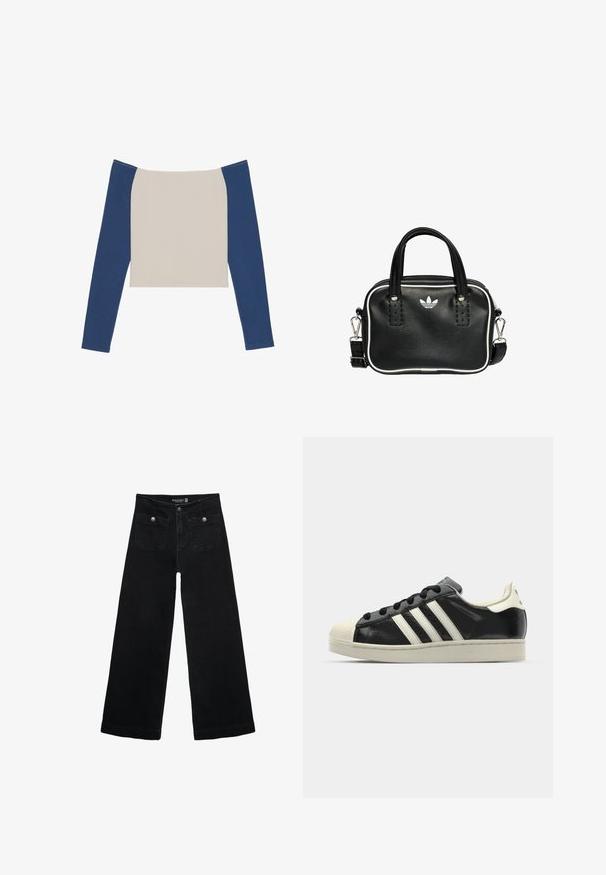Langärmliges Oberteil mit einem off-weißen Körper und dunkelblaue Ärmeln, mit einem weiten Halsausschnitt und einem cropped Design. Weiche, glatte Stofftextur.; Schwarze, weit geschnittene Jeans mit hoher Taille, die zwei Fronttaschen und metallene Knopfakzente aufweist. Der Stoff hat eine glatte Textur.; Schwarze Ledersneaker mit weißen Streifen, Gummikappe, schwarzen Schnürsenkeln und einer cremefarbenen Sohle. Glatte Textur mit glänzender Oberfläche.; Schwarze Lederhandtasche mit zwei kurzen Griffen, silbernem Zubehör, weißen Akzenten und einem weißen Logo. Verfügt über eine strukturierte Oberfläche und ein kompaktes Design.