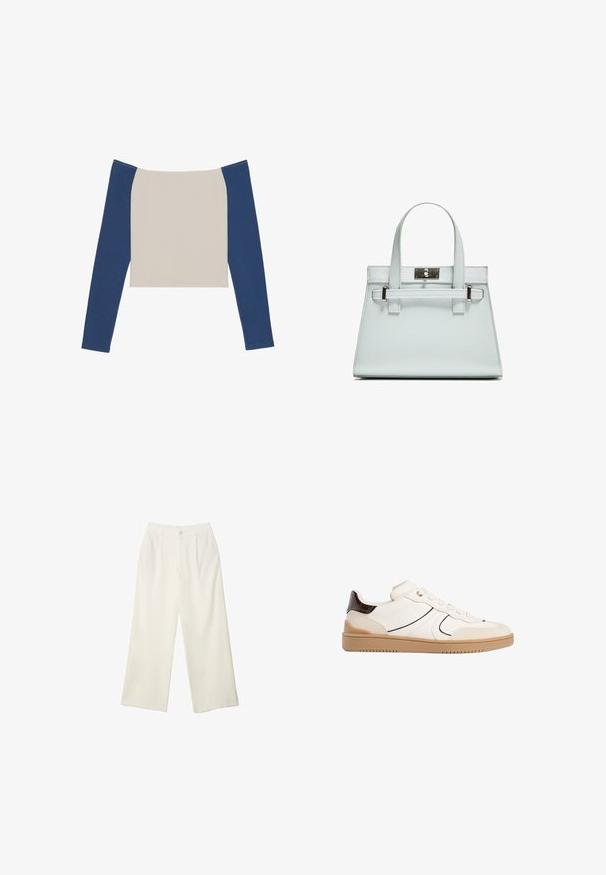 Langärmliges Oberteil mit einem off-weißen Körper und dunkelblaue Ärmeln, mit einem weiten Halsausschnitt und einem cropped Design. Weiche, glatte Stofftextur.; Helle Stoffhose mit weitem Bein und glatter Textur, ausgestattet mit einem einzelnen Knopf vorne, dezenten Falten und einem Hochbund-Design.; Stradivarius Sneaker low - white; Helle blaue Handtasche mit strukturiertem Design, zwei Griffen und einem Beschlag aus silberfarbenem Metall. Texturiertes Material und scharfe Ecken.