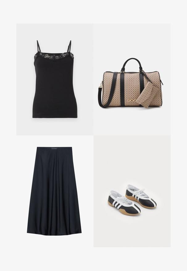 Crna majica bez rukava s tankim podešivim trakama, sa čipkastim rubom duž dekoltea. Mekana tkanina, prilagođen oblik, glatka tekstura.; Crna suknja do koljena izrađena od lagane tkanine s lepršavim dizajnom. Ima glatku teksturu i suptilne plisirane detalje.; Crne i bijele atletske cipele sa elegantnim dizajnom, gumeni potplat, vezanje i tri bijele pruge sa strane.; Torba na duffle s bež uzorkom, crnim kožnim remenima, zlatnim priborom i malom odgovarajućom torbicom zakačenom na nju. Strukturalni dizajn.; Zlatni pravokutni ručni sat s bijelim brojčanikom, srebrnim oznakama sati i dugotrajnom metalnom narukvicom. Uključena značajka vodootpornosti.