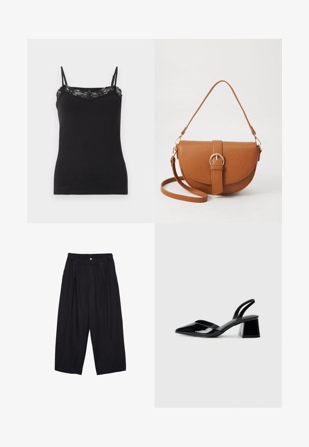Črna majica na tanki naramnici z nastavljivimi trakovi, z čipkastim roba pri izrezu. Mehka tkanina, oprijet kroj, gladka tekstura.; Črne poliesterske culotte hlače z elastičnim pasom, dvema sprednjima nabiranjema in ohlapnim krojem. Brez vidnih vzorcev ali kovinskih detajlov.; Črne lakirane slingback pete s koničastim nosom in geometrijsko blokasto peto. Imajo eleganten, minimalističen dizajn in gladko teksturo.; Rjava usnjena torbica prek telesa s ukrivljeno obliko, zlate opreme in sponko. Ima odstranljiv naramni trak.