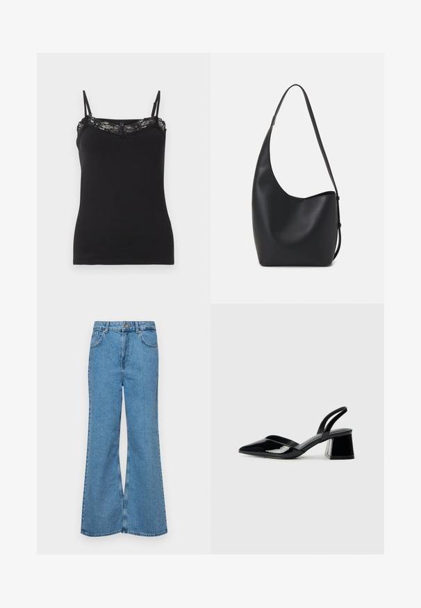 Mustmustop musta õhukeste reguleeritavate rihmadega, millel on pitsääris kaeluses. Pehme kangas, keha lähedane lõige, sile tekstuur.; Heledad sinine flared teksade rõivad, millel on kõrge talje, viis taskut ja üks nupulukk. Pehme tekstuur ja pleekinud viimistlus.; Mustad musta lakknahk kingad, millel on terav varvas ja geomeetriline plokkkonts. Omab elegantselt minimalistlikku disaini ja sujuvat tekstuuri.; Mustast nahast hobo kott, millel on sile tekstuur, kumer kuju ja üks reguleeritav rihm; peal on lai avaus.