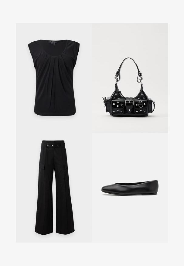 Black, sleeveless top with a scoop neckline and front pleats. Made of smooth fabric with a relaxed fit and rounded hem at the bottom.; Black wide-leg pants with a high waistband, featuring large side pockets, two front buttons, and a loop detail. Made from sturdy fabric.; Paul Smith TOPANGA - Ballet pumps - black; Black leather handbag with a curved design, featuring silver studs, a buckle, and two side pockets. Adjustable strap for carrying options.