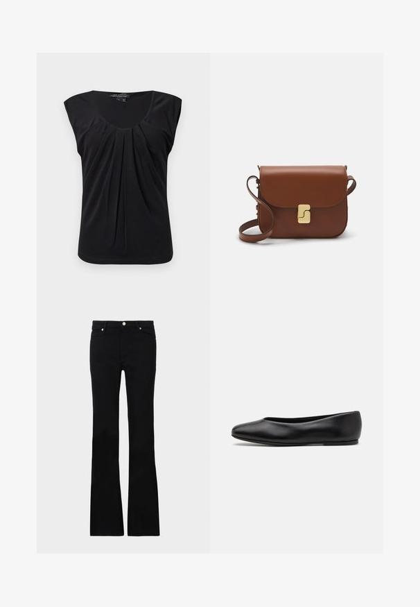 Black, sleeveless top with a scoop neckline and front pleats. Made of smooth fabric with a relaxed fit and rounded hem at the bottom.; Black flared jeans made of denim, featuring two front pockets, a button closure, and a smooth texture. Signature stitching visible at seams.; Paul Smith TOPANGA - Ballet pumps - black; Brown leather handbag with a flap closure, gold-tone hardware, a shoulder strap, and a smooth texture. Compact rectangular shape.