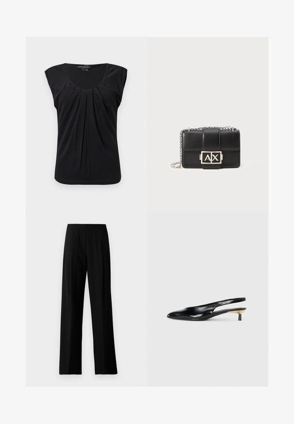 Čierny top bez rukávov s okrúhlym výstrihom a prekladaním vpredu. Vyrobený z hladkého materiálu s voľným strihom a zaobleným lemom na dolnej časti.; Čierne široké nohavice z hladkej látky, s plochým pásom a prednými záhybmi pre elegantný vzhľad. Bez viditeľného kovania alebo vzorov.; Čierne slingback lodičky s ostrou špicou, lesklým koženým povrchom a malým podpätkom s zlatým doplnkom. Elegantný dizajn s otvorenou zadnou časťou.; Čierna kožená kabelka s prešívaným vzorom, strieborným reťazovým popruhom a výrazným strieborným logom "AX" na prednej strane. Kompaktný obdĺžnikový tvar.