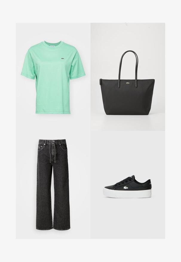 Svetlozelené bavlnené tričko s krátkymi rukávmi a okrúhlym výstrihom, s malým vyšívaným logom na ľavej strane hrude.; Čierne široké džínsy vyrobené z denimu. Majú vysoký pás, pútka na opasok, predné vrecká a strieborné detaily.; Čierne nízke tenisky vyrobené z syntetického materiálu, s bielou gumovou podrážkou, čiernymi šnúrovačkami a malým bielym logom na boku.; Čierna taška cez rameno s dvoma dlhými ušami, zipsom na vrchnej strane a malým zeleným krokodílom umiestneným pod uchami.