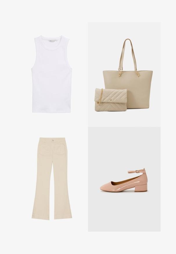 Balta be rankovių marškinėliai, pagaminti iš griovelio medžiagos. Turi apvalią kaklo iškirptę ir prigludusią siluetą. Etiketėje nurodyta dydis 'S'.; Šviesiai rudos spalvos plačios kelnės su aukštu liemeniu, pagamintos iš medvilnės audinio. Turi priekinės ir galinės kišenes, diržo kilpas ir vieną sidabrinį mygtuką.; Lakuota rožinė plokštė su suapvalintu pirštu, kulkšnies dirželiu ir žemu blokiniu kulnu. Lygus paviršius ir minimalizmas dizainas.; Kreminės spalvos rankinė su plokščiais rankenėlėmis, lygiu paviršiumi ir auksinėmis detalėmis, derinama su atitinkama siuvinėta rankine su grandinėlės dirželiu.