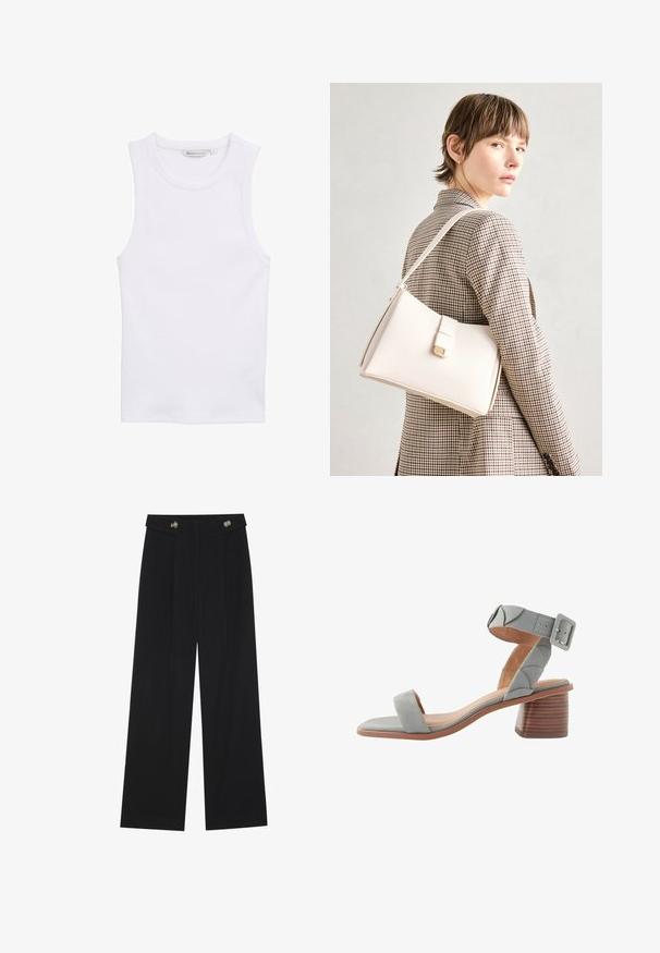 Camiseta sin mangas blanca, hecha de material acanalado. Tiene un cuello redondo y una silueta ajustada. La etiqueta muestra la talla 'S'.; Pantalones de pierna ancha negros con cintura alta, detalles de botones en la cinturilla y pliegues en la parte delantera.; Next FOREVER COMFORTREGULAR FIT - Sandalias - blue; Bolso de mano de cuero blanco con un diseño estructurado, que presenta un cierre magnético y una correa para el hombro, exhibido sobre un fondo neutro.