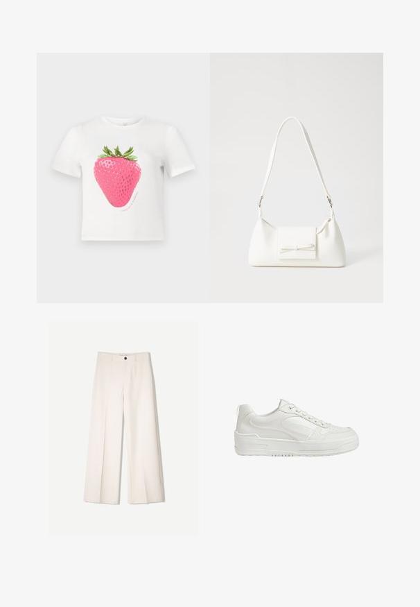 Weißes Baumwoll-T-Shirt mit einem großen pinkfarbenen Erdbeere-Design und grünen Blättern, begleitet von dem Text "WACHSEN & GLÄNZEN" in einem kreisförmigen Design.; Cremfarbene weitem Hosen mit maßgeschneidertem Design, ausgestattet mit zwei vorderen Taschen und einem vorderen Knopfverschluss, aus glattem Stoff gefertigt.; Weiße Leder-Sneaker mit glatter Textur, gepolstertem Knöchel und durchlöchertem Zehenbereich. Verfügt über eine leicht erhobene Gummisohle und Schnürdesign.; Weiße synthetische Handtasche in dreieckiger Form, flache Vorderklappe und Schleifendetail, verstellbarer Trageriemen, glatte Textur und minimalistisches Design.
