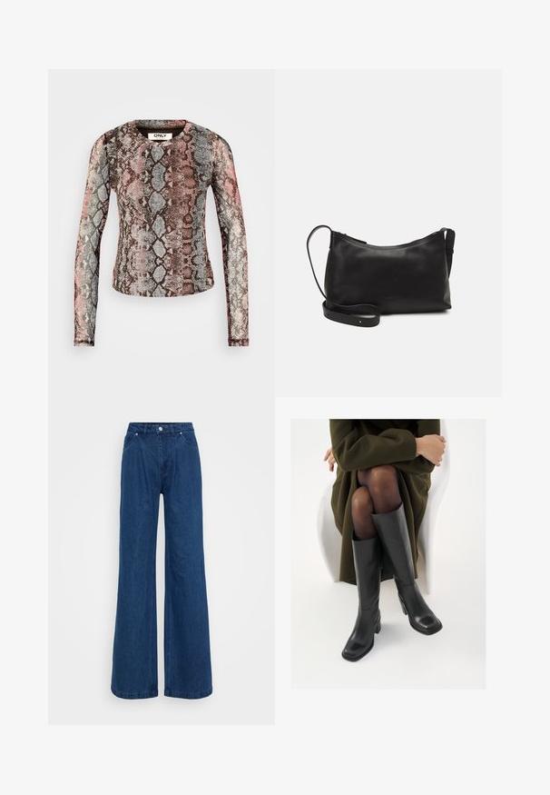 Pikad varrukad, millel on mitmevärviline madu kirjaga muster roosa, halli ja pruuni tooni. Valmistatud venivast ja kergest kangast.; Hallise jalgadega sinised denim püksid kõrge vöökohaga, ees nupuga ja tõmbluku sulguri ning ees ja taga taskutega, lihtsa tausta ees.; Knee-high mustad nahast saapad nelinurkse varbaga ja plokilise kontsaga, esitatud mudeli kõrval, kes istub oliivirohelises mantlis. Sujuv tekstuur, minimaalne detailide arv.; Mustmust nahk õlakotil on sile tekstuur, kumer kuju, reguleeritav rihm ja lukuga sulgemine. Minimalistlik disain ilma kaunistusteta.