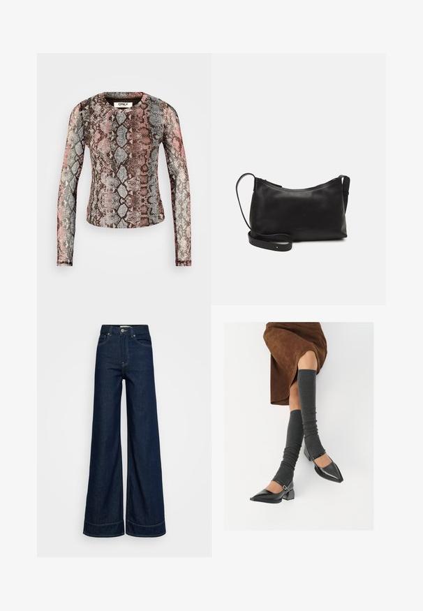 Garšīgas piedurknes tops ar daudzkrāsainu čūsku rakstu rozā, pelēkā un brūnā krāsā. Izgatavots no elastīga, viegla auduma.; Tumši zili augstā jostasvietā platā kāju džinsi ar priekšējām kabatām, jostas cilpām, pogu aizdari un redzamu šuvju uz balta fona.; Melnas laka ādas apavi ar norādītu purngalu, blokveida papēdi un potīšu jostu, saskaņoti ar pelēkām ribotām kāju sildītājām un brūnu zamšādas svārku.; Melna ādas plecu soma ar gludu tekstūru, izliekta forma, regulējama siksna un rāvējslēdzēja aizdare. Minimālistisks dizains bez rotājumiem.