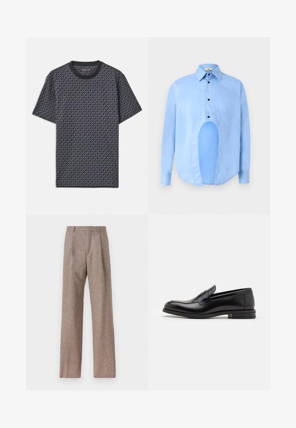 Fekete, rövidujjú póló, amelyen egy teljes felületet borító geometrikus "MK" minta található, bordázott kerek nyakkivágással és puha, texturált anyaggal.; Világoskék, hosszú ujjú ing, hegyes gallérral, fekete gombokkal, és egyedi kivágással elöl, amely különleges dizájnt kölcsönöz.; Barna, magas derekú nadrág texturált anyagból. Széles szárai és két elülső redője biztosítja a struktúrát. Ízléses kivitel, látható fémszerelés nélkül.; Fekete bőr loaferek sima textúrával, kerek orral és dekoratív pánttal a vampnál. Alacsony, rétegelt sarkú, minimalista dizájn.