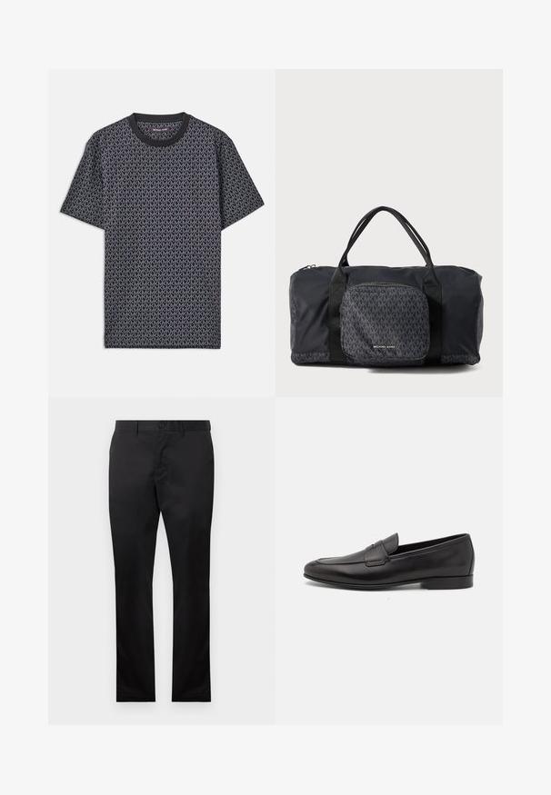 Sort kortærmet t-shirt med et hel-tryk af geometrisk "MK" mønster, ribbet rund hals og et blødt, tekstureret stof.; Sorte bomuldsbukser med lige ben-design, der har en frontknaplukning og sidelommer, glat tekstur, ingen synlige mønstre.; Sort læder herre loafers med lav hæl og et klassisk penny strap design, vist i sideprofil på en hvid baggrund.; Sort Michael Kors duffel taske med dobbelte håndtag, frontlomme med lynlås, der har et gentaget MK logo mønster samt Michael Kors branding.