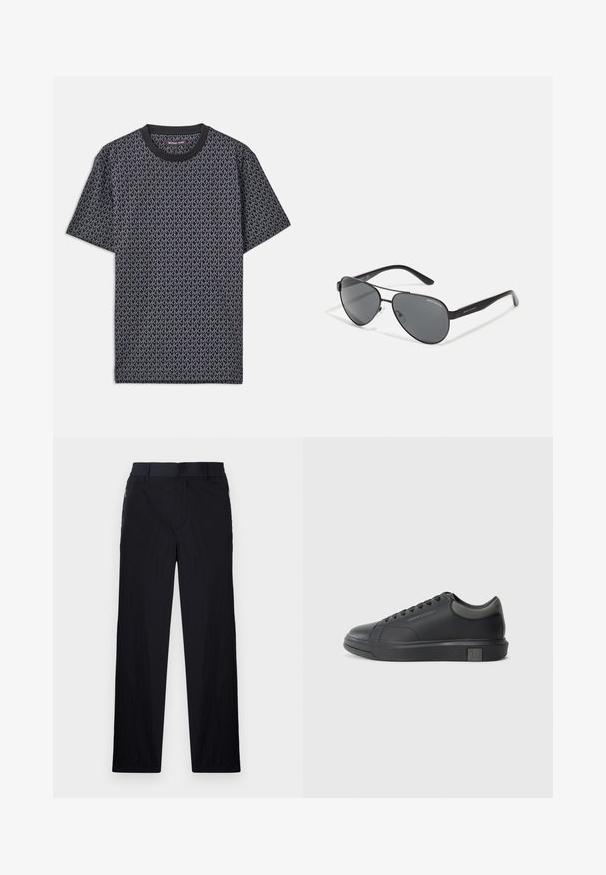 Schwarzes T-Shirt mit kurzen Ärmeln, das ein allover geometrisches "MK"-Muster zeigt, mit geripptem Rundhals und einem weichen, strukturierten Stoff.; Schwarze Hose aus leichtem, strukturiertem Stoff, mit geradem Bein, elastischem Bund und seitlichen Reißverschlusstaschen.; Schwarze Ledersneaker mit glatter Oberfläche, runder Zehenpartie und dunkelgrauen Akzenten. Verfügt über ein Schnürdesign und eine strukturierte Gummisohle.; Schwarze Flieger-Sonnenbrille mit dunklen Linsen, dünnem Metallrahmen und schlanken Kunststoffbügeln mit Logo-Details.