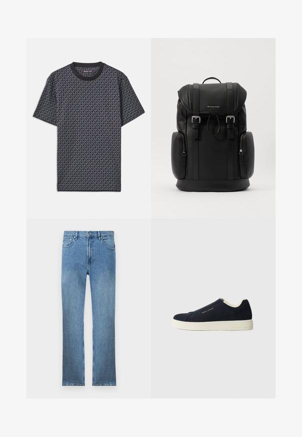 Black short-sleeve t-shirt featuring an all-over geometric "MK" pattern, ribbed crew neck, and a soft, textured fabric.; Light blue denim jeans with a straight cut, five pockets, a zipper fly, and contrasting stitching. Fabric has a smooth, textured finish.; Navy blue suede slip-on sneakers with a white rubber sole, featuring a stitched design and subtle branding on the side.; Black leather backpack with textured surface, flap closure, metal hardware, side zip pockets, and brand logo on the front.