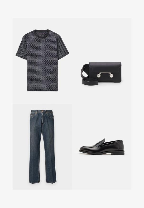 Zwart t-shirt met korte mouwen, voorzien van een overal geometrisch "MK"-patroon, ribbelboord en een zachte, gestructureerde stof.; Donkerblauwe rechte spijkerbroek met een knoopsluiting aan de voorkant, rits, dubbele voorzakken en zichtbare verticale plooien langs de benen.; Zwarte leren instappers met een gladde textuur, ronde neus en een decoratieve band over de wreef. Lage, gestapelde hak en minimalistisch ontwerp.; Zwarte leren schoudertas met een klep, zilverkleurige hardware en twee ronde accenten. Voorzien van een afneembare schouderriem. Soepele textuur.