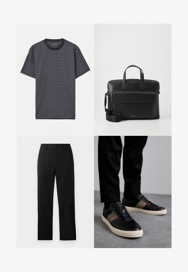 Czarna koszulka z krótkim rękawem, zdobiona całkowitym, geometrycznym wzorem "MK", z ribbowanym okrągłym dekoltem i miękką, teksturowaną tkaniną.; Czarne spodnie wykonane z gładkiego materiału, z płaskim przodem, dwoma przednimi kieszeniami i prostym krojem nogawki z subtelnymi detalami przeszycia.; Czarne skórzane sneakersy z wielokolorowymi paskami, okrągłym noskiem i białą gumową podeszwą, z zapięciem na sznurowadła i wytłoczonym logo.; Czarna skórzana teczka z podwójnymi rączkami u góry, przednią kieszenią oraz odpinanym paskiem, z delikatnym logo na dole.