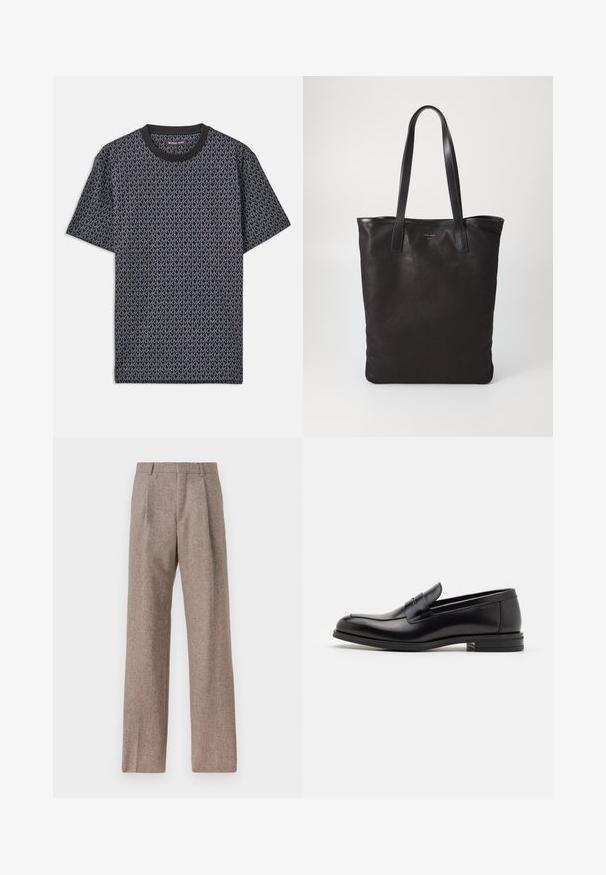 Black short-sleeve t-shirt featuring an all-over geometric "MK" pattern, ribbed crew neck, and a soft, textured fabric.; Brown, high-waisted trousers made of textured fabric. Features wide legs and two front pleats for structure. Neat finish with no visible hardware.; Black leather loafers with a smooth texture, rounded toe, and a decorative strap across the vamp. Low stacked heel, minimalist design.; Black canvas tote bag with black leather handles. Simple design, spacious body, and a smooth texture. No visible logos or patterns.