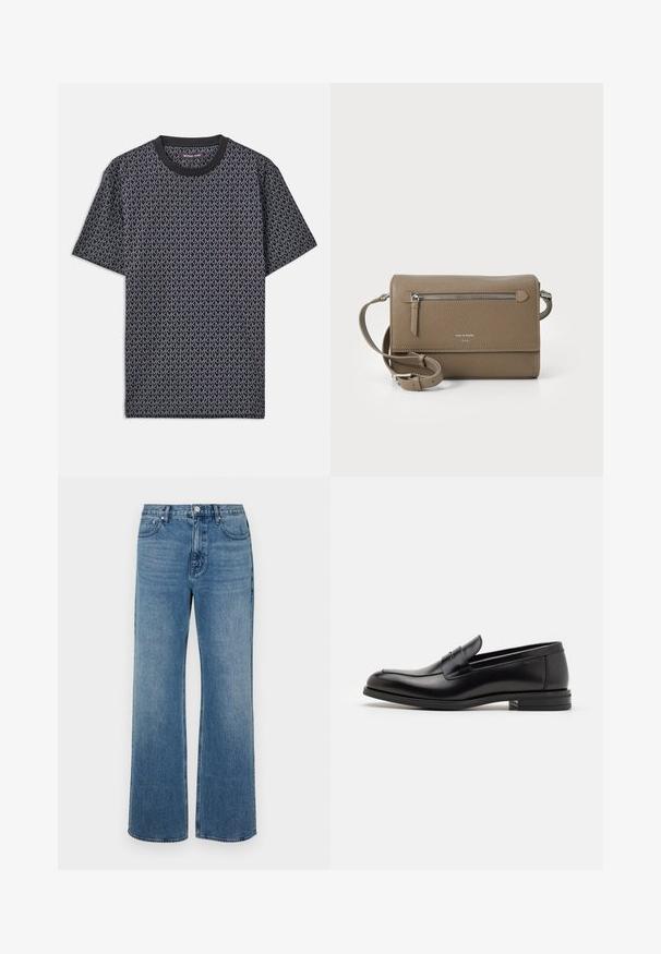 Must t-särk lühikeste varrukatega, millel on kõikjal geometriline "MK" muster, soonikust ümar kaelus ja pehme, tekstuuriga kangas.; Laiad sinised teksad, mis on valmistatud denimist ja millel on kulunud viimistlus. Omab viit taskut, ees nööpidega kinnitust ja sirget lõiget.; Mustad mustad nahast loafers sileda tekstuuriga, ümarat ninaosa ja dekoratiivne riba vampi üle. Madal kihiline konts, minimalistlik disain.; Kohvase naha ületõmmatav kott, millel on lukuga esikott, reguleeritav rihm, kivitextuur ja esiküljel embosseeritud logo.