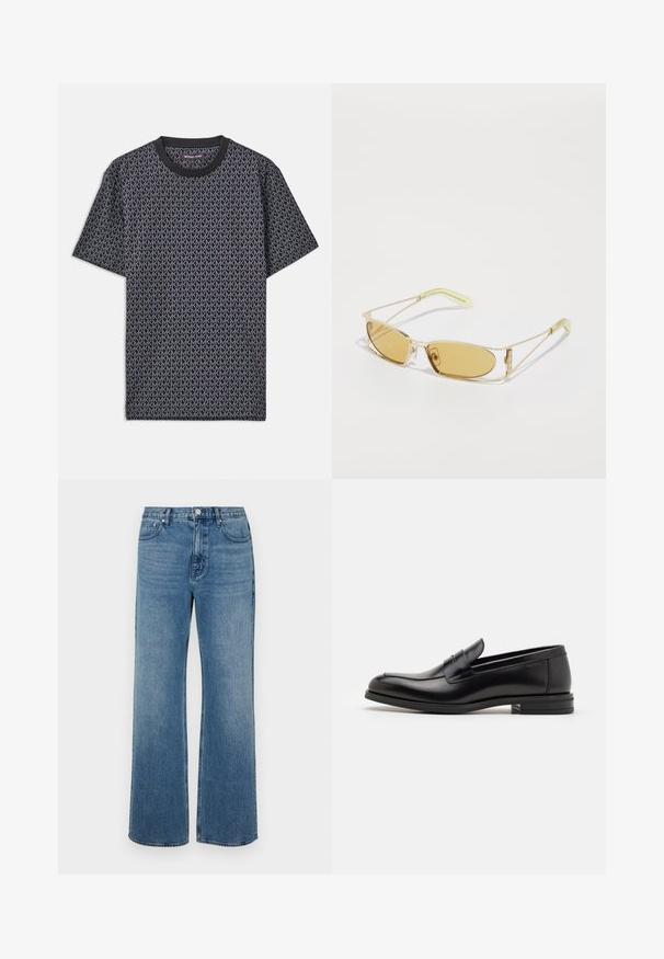 Must t-särk lühikeste varrukatega, millel on kõikjal geometriline "MK" muster, soonikust ümar kaelus ja pehme, tekstuuriga kangas.; Laiad sinised teksad, mis on valmistatud denimist ja millel on kulunud viimistlus. Omab viit taskut, ees nööpidega kinnitust ja sirget lõiget.; Mustad mustad nahast loafers sileda tekstuuriga, ümarat ninaosa ja dekoratiivne riba vampi üle. Madal kihiline konts, minimalistlik disain.; Kollaste varjunditega prillid, millel on läbipaistev kuldne raami, saledad ristkülikukujulised vormid ning nurgelised varred, millel on helesinised aktsendid.