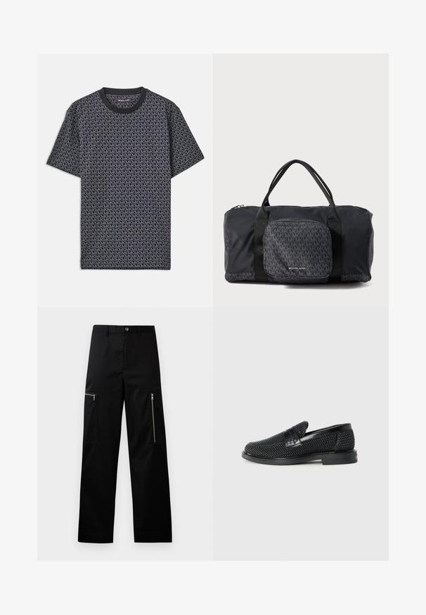 Camiseta negra de manga corta con un estampado geométrico "MK" por toda la prenda, cuello redondo acanalado y un tejido suave y texturizado.; Pantalones cargo negros de tela duradera, con un corte recto, dos bolsillos con cremallera a los lados y un cierre de botón clásico.; Zapato negro de tejido con un acento de cuero suave en la parte superior, diseño de punta redonda y suela de goma de perfil bajo.; Bolso de viaje negro de Michael Kors con doble asa, bolsillo frontal con cremallera que presenta un patrón repetido del logo MK y la marca Michael Kors.