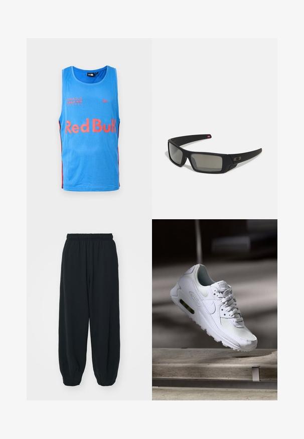 Ljusblå mesh linne med röda sidodetaljer. Med "Red Bull"-logotyp och texten "Oracle Red Bull Racing" tryckt på framsidan.; Svarta, elastiska sweatpants med lös passform, mudd vid anklarna, slät textur och utan synliga mönster eller detaljer i metall.; Vita Nike Air Max 90 sneakers med en ovandel i mesh och läder, perforerad tåbox och en synlig luftenhet i hälen.; Svarta solglasögon med matt yta, rektangulära linser, lätt kurva vid skalmarna, diskret logotypdetalj och rökfärgade linser.
