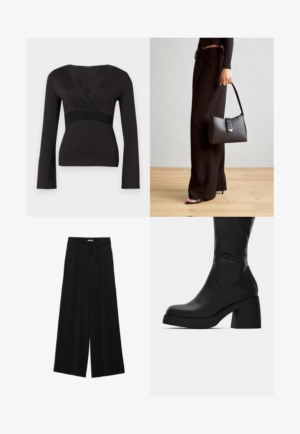 Top longo preto com mangas, decote em V e renda sob o busto, silhueta ajustada.; Calças largas pretas com um tecido texturizado, uma cintura elástica e um laço destacável na cintura para um ajuste ajustável.; Bota de couro preta até ao meio da panturrilha com salto bloco robusto e bico arredondado, mostrando perfil lateral em fundo branco.; Bolsa preta com forma estruturada, textura suave e um fecho metálico. Combinada com calças largas pretas e sandálias de salto aberto sobre um chão de madeira.