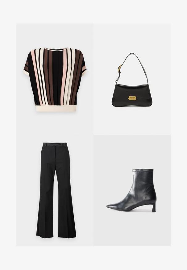 Short-sleeve top with vertical stripes in black, cream, pink, and brown. Features a rounded neckline and relaxed fit with a cream hem.; Black flared trousers with a smooth fabric finish, featuring a solid waistband and pressed creases for a tailored appearance.; Black leather ankle boot with a pointed toe and a sleek design. Features a low heel and a zipper closure at the back. Smooth texture.; Black leather handbag with a curved design, gold logo plate accent, and a slim shoulder strap. Smooth texture with a sleek finish.