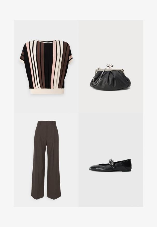 Majica kratkih rukava s vertikalnim prugama u crnoj, krem, ružičastoj i smeđoj boji. Ima zaobljen dekolte i opušteni kroj s kremastim rubom.; Tamno smeđi hlače širokih nogavica s visokim strukom, s uredno peglanim naborima, glatkom teksturom i krojem koji dobro pristaje.; Crne kožne baletanke s špicastim nosom, s remenom s okruglom metalnom kopčom i ravnim potplatom.; Crna kožna torbica s naboranom teksturom, okvirom od srebrnog metala, zatvaranjem na preklop s poljupcem i lancem za nošenje. Glatka, meka površina.