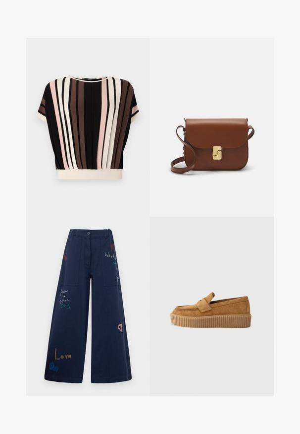 T-shirt met korte mouwen en verticale strepen in zwart, crème, roze en bruin. Heeft een ronde halslijn en een ontspannen pasvorm met een crèmekleurige zoom.; Navy blauwe wijde pijpen broek van katoen met meerdere zakken. Heeft kleurrijke geborduurde teksten en graphics, waaronder harten en speelse zinnen.; Bruine suède instapper met een ronde neus, voorzien van een ribbelige platformzool en een decoratieve band over de bovenkant.; Bruine leren handtas met een klep sluiting, gouden hardware, een schouderband en een gladde textuur. Compact rechthoekige vorm.
