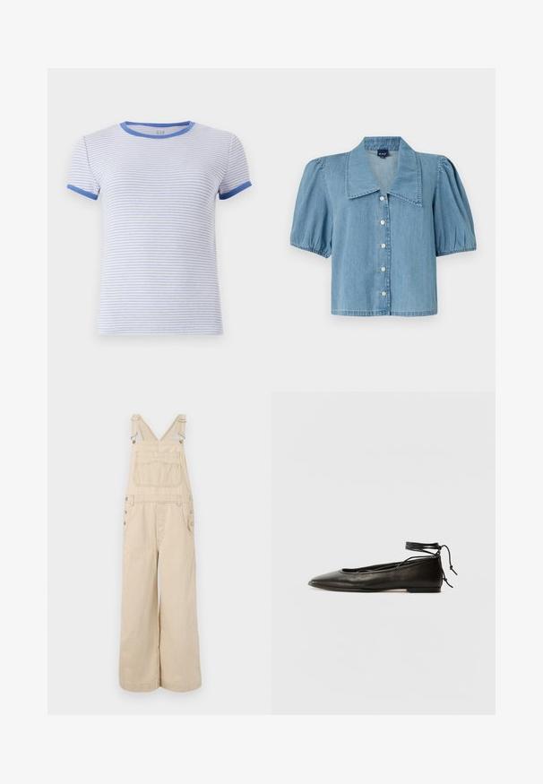 Ribiem paraugu īsām piedurknēm izgatavota T-kreklā. Uz baltas fona ir gaiši zili svītriņi. Zilas akcenti ap kaklu un piedurknēm.; Gai zila denima krekls ar lielu apkakli, īsām pūkainām piedurknēm un pogu aizdari. Iezīmē taisnu apakšmalu un mīkstu tekstūru.; Bēšā svītrota kombinezona bikses ar plašām kājām, ar regulējamiem siksnām, metāla pogām, priekšējām kabatām un krūšu kabatu.; Melnas ādas baleta kurpes ar smailu purngalu, potītes saitēm un plakanu zoli, kas izceļas ar gludu tekstūru un minimālistisku dizainu.