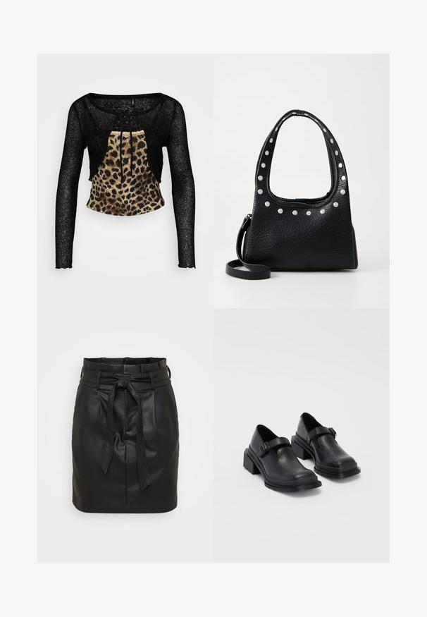 Schwarzes Langarm-Crop-Top aus einem strukturierten, durchsichtigen Stoff mit einem Vorderteil im Leopardenmuster. Mit einem Bindeband am Ausschnitt.; Schwarzer Leder-Minirock mit hoher Taille, ausgestattet mit einem vorderen Bindegürtel und glatter Textur. Minimalistisches Design ohne zusätzliche Muster.; Schwarze Lederhalbschuhe mit runder Zehenpartie, flacher Sohle und einem Riemen mit Schnallen-Detail. Robuster Blockabsatz für zusätzliche Stabilität.; Schwarze, strukturierte Lederhandtasche mit silbernen Nieten entlang der Oberkante und der Griffe, ausgestattet mit einem kurzen Griff und einem abnehmbaren Schulterriemen.
