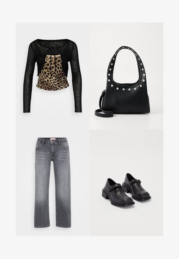 Crni dugi rukav uski top s teksturiranim, prozirnim materijalom i prednjim panelom s leopard printom. Ima vezicu na dekolteu.; Sive traperice sa ravnim nogavicama, stil pet džepova, blago izblijedjele i s kopčanjem na gumbe u struku.; Crne kožne cipele s okruglim vrhom, ravnim đonom i remenom s detaljem kopče. Debeli blok peti za dodatnu stabilnost.; Crna teksturirana kožna torba s srebrnim zakovicama duž gornjeg ruba i ručki, s kratkom ručkom i odvojivim remenom.; Srebrna kružna naušnica s poliranim završetkom, koja ima male zlatne detalje i okrugli oblik, nošena na uhu.
